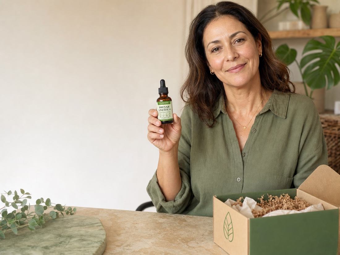 Mujer sosteniendo el frasco de Linfatic junto a la caja de envío